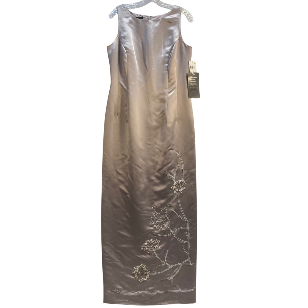 Vintage Donna Morgan Zinc Silver Satin Beaded Floral Column Gown Dress Womens 10